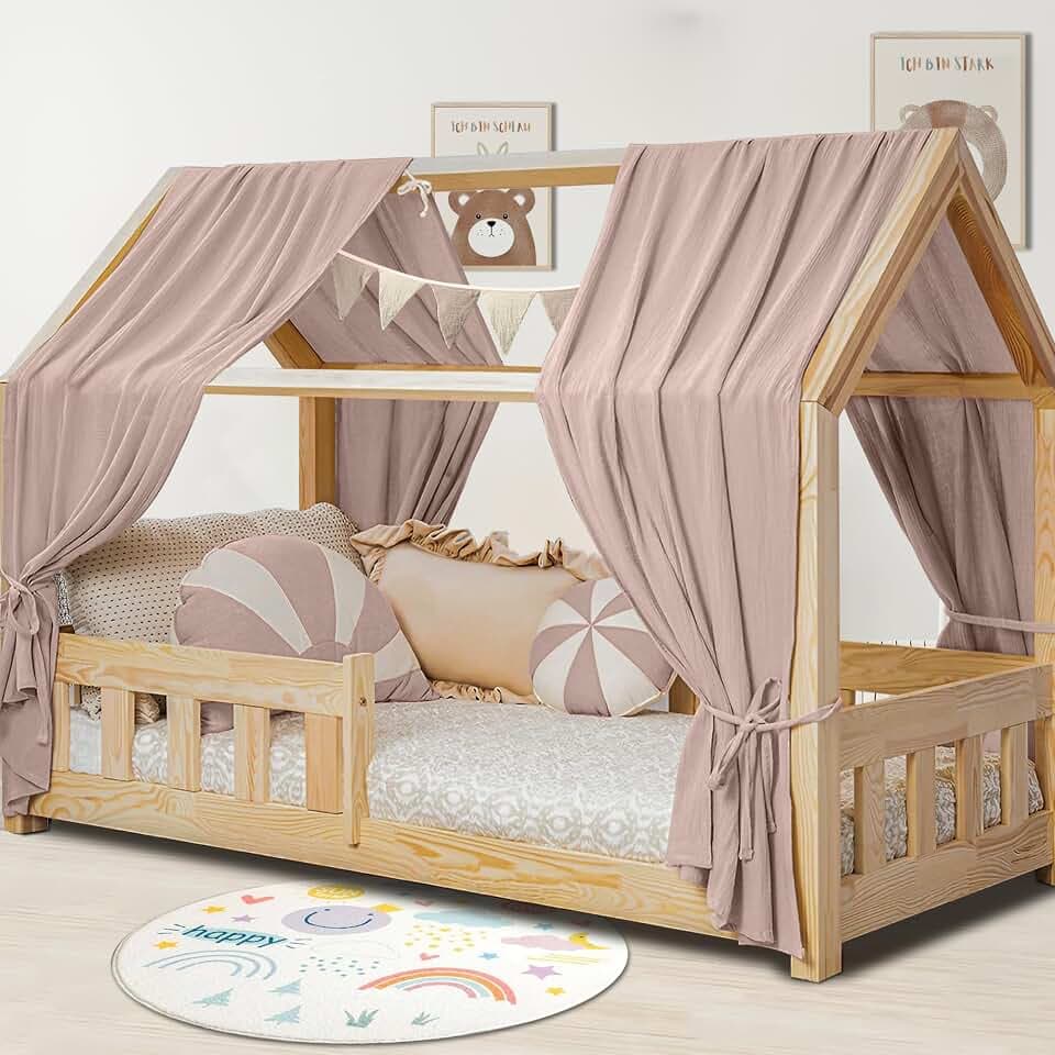Hook Hausbett Himmel Deko Set, Betthimmel Hausbett aus Musselin - 2 Betthimmel & 1 Wimpelkette, für Jungen Mädchen Deko für Kinderzimmer, Baldachin Kinderzimmer Deko I 135 x 270cm Beigerosa