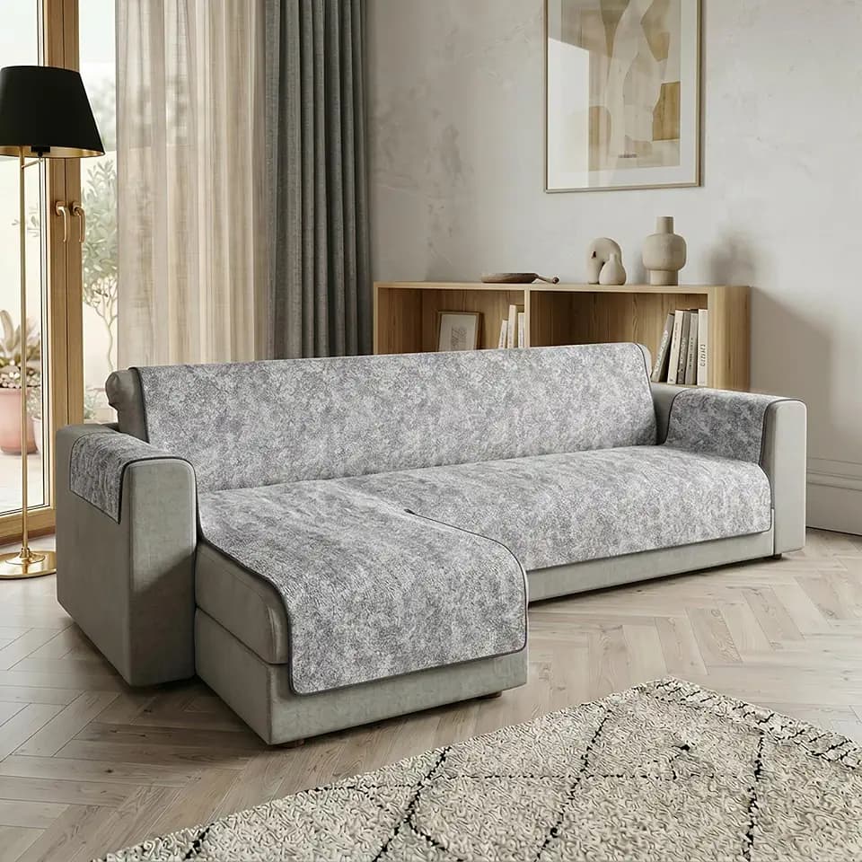 Sofabezug Glamour Recamiere Links Made in Italy – Sofaschutz mit Rutschfester Gummirückseite und Armlehnen, Sitzfläche 240 cm, handgefertigter waschbarer Sofabezug in Uni-Farbe – Grigio Scuro