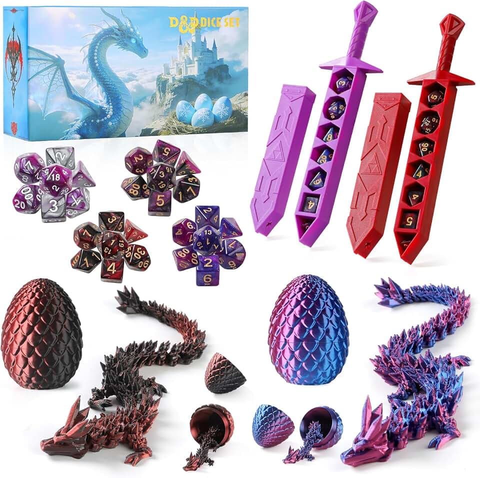 DND Dice Set and 3D Printed Dragon Eggs with Dragon Inside, Easter Basket Stuffers,Fidget Toys,Surprise Dragon Egg and Polyhedral Dice Set with Gift Box Suitable for Dungeons and Dragons RPG