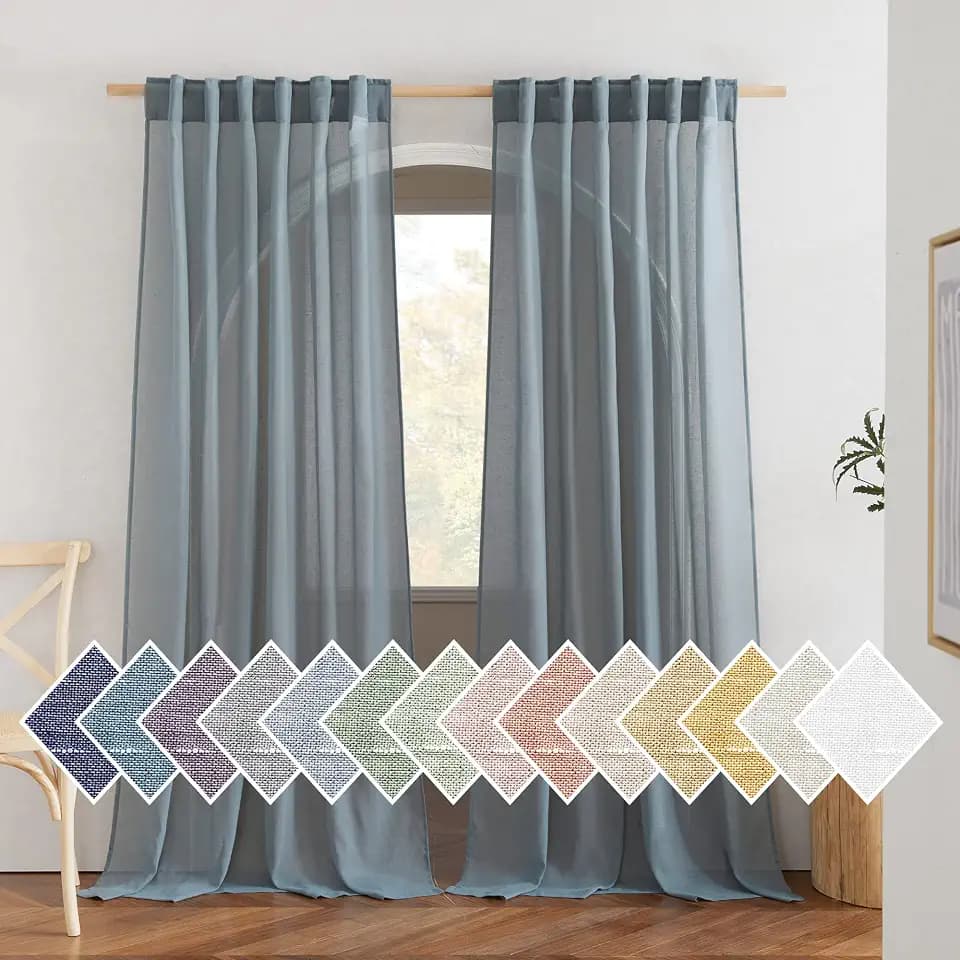NICETOWN Faux Linen Curtains Smoke Blue 84 inch Length 2 Panels Set for Living Room, Rod Pocket & Back Tab Privacy Semi Sheer Light Filtering Window Drapes for Farmhouse/Bedroom, W52 x L84