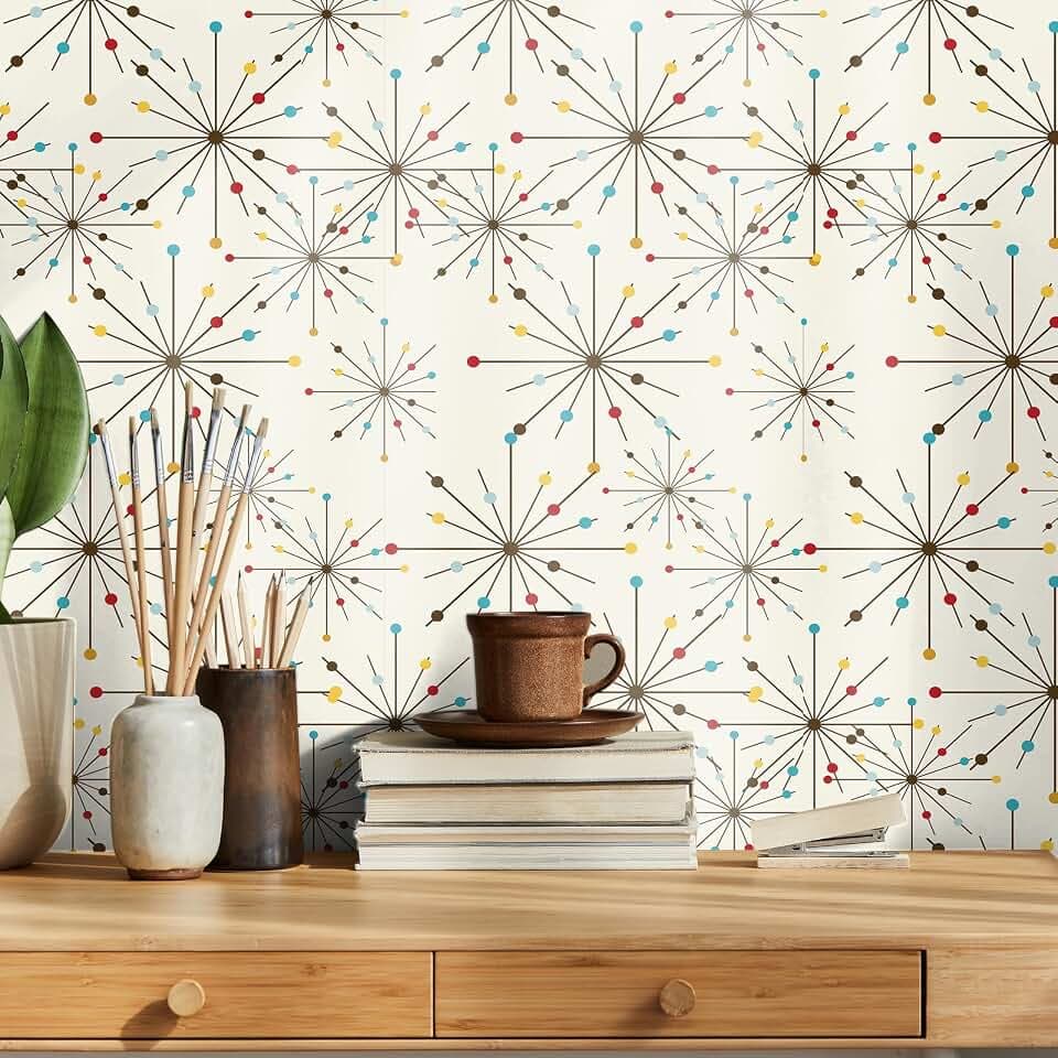 MotiMind Retro Peel and Stick Wallpaper Atomic Starburst Wall Decals