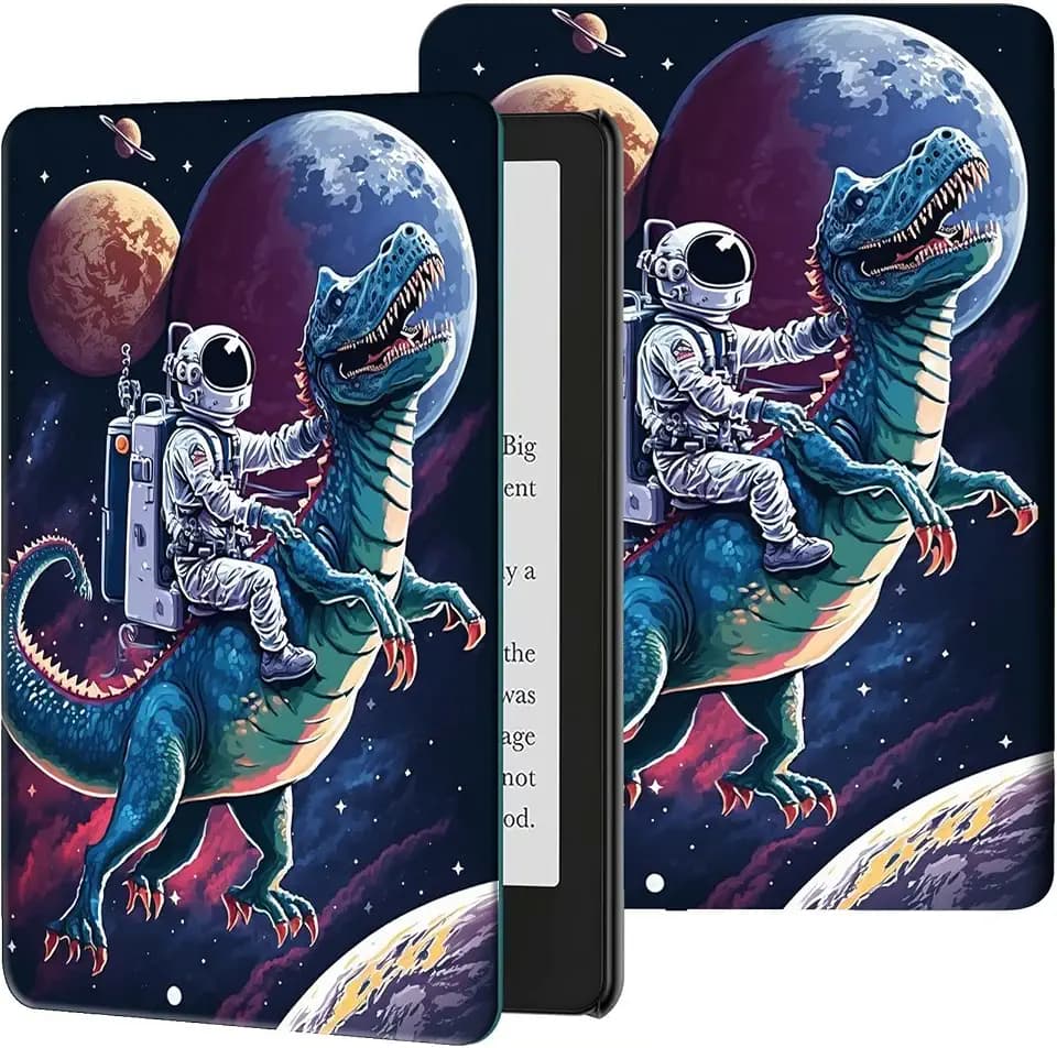 Case for 7" All-New Kindle Paperwhite (12th Generation, 2024) and Kindle Colorsoft Signature Edition Slim Lightweight PU Leather Adjustable Smart Shell Cover with Auto Wake/Sleep, Dinosaur Space-Man