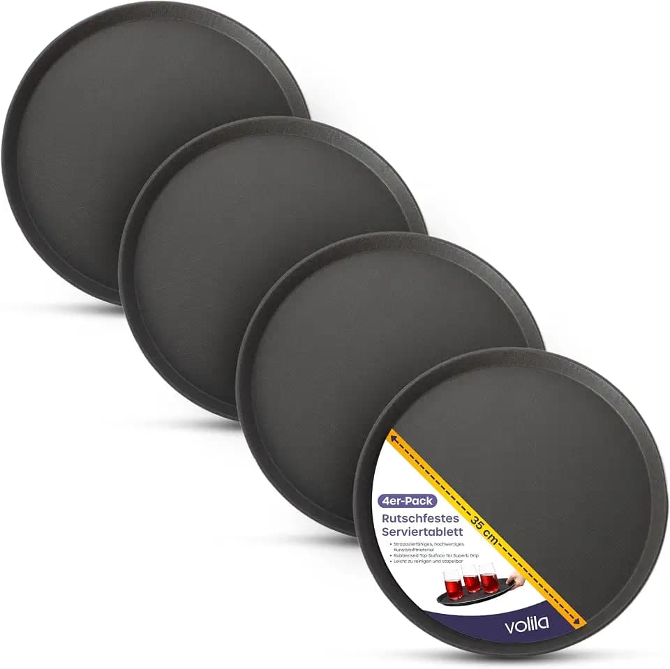 volila Schwarzes Rundtablett - 35cm (4er Pack) Gummiertes rutschfestes Serviertablett für Speisen und Getränke - Spülmaschinenfestes rundes Serviertablett für Partys, Zuhause, Bars & Restaurants