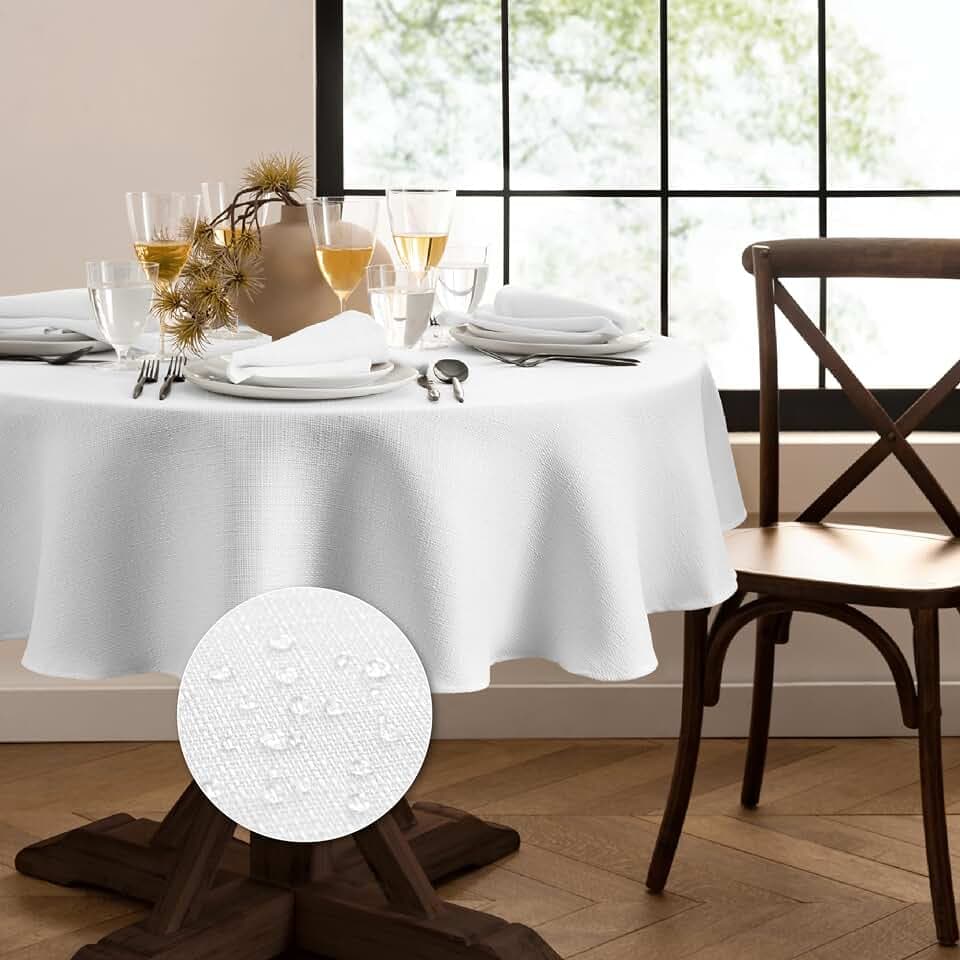 Elrene Home Fashions Laurel Solid Texture Water and Stain Resistant Tablecloth, 60"X84" Oval, White