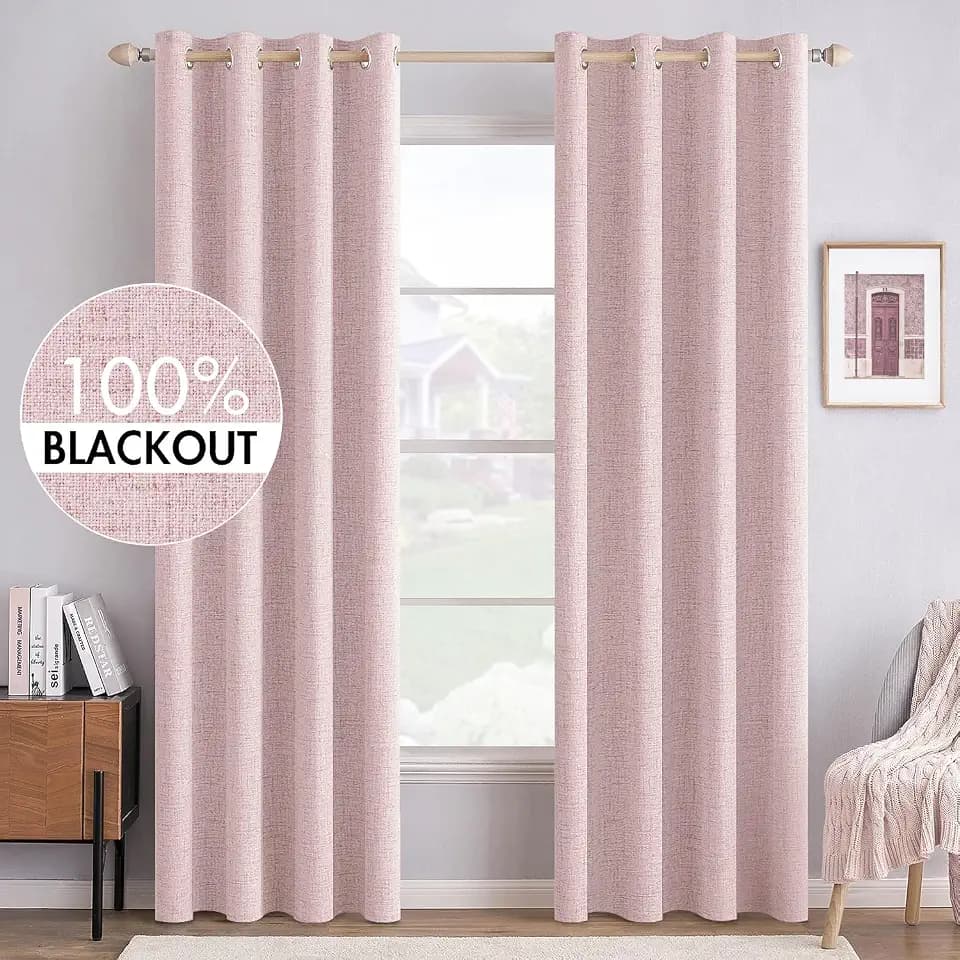 MIULEE 100% Blackout Linen Curtains for Bedroom 52x96 Inches Pink