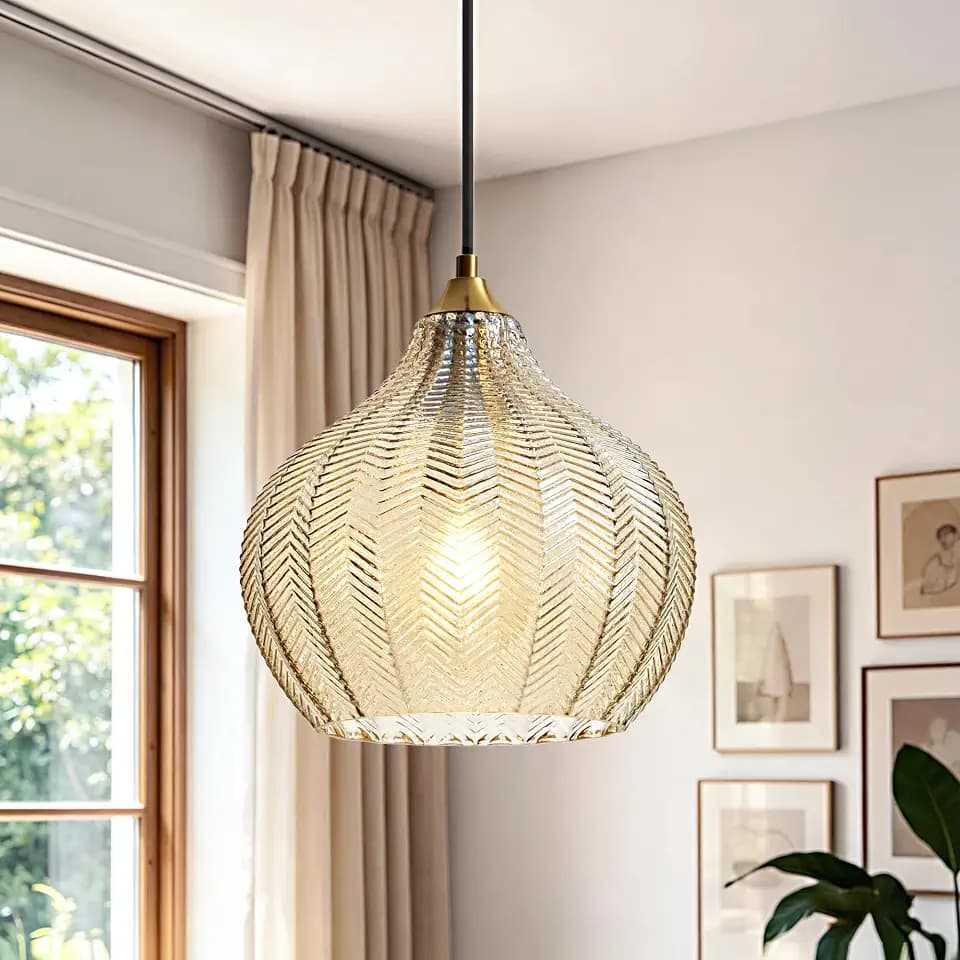 Amber Glass Pendant Lights Kitchen Island Gold Hanging Ceiling Light 9"