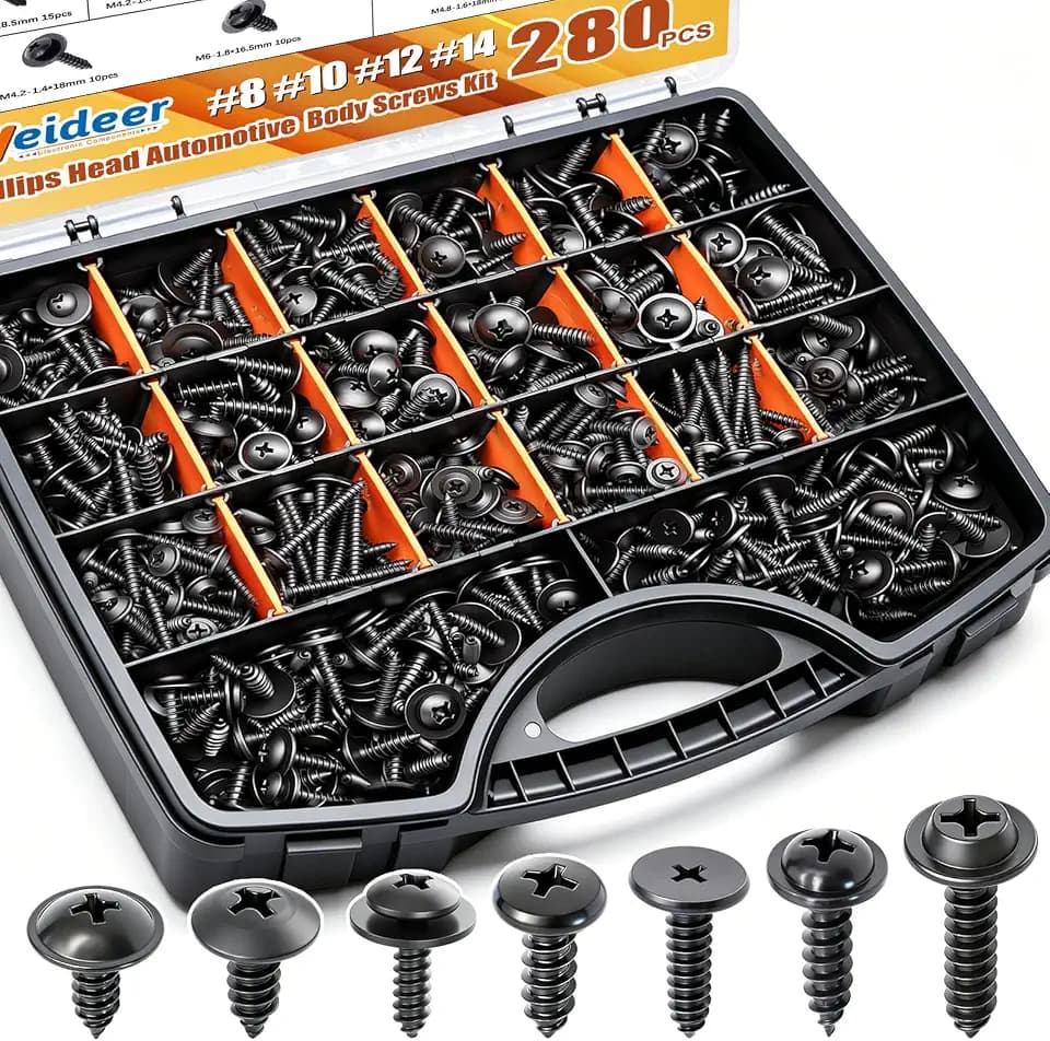 weideer 280pcs Automotive Body Screw Assortment Kit,#8#10#12#14 Automatic Trim Screws, Self Tapping Screw,Phillips Head&Washer Head Universal Fender Liner Screw