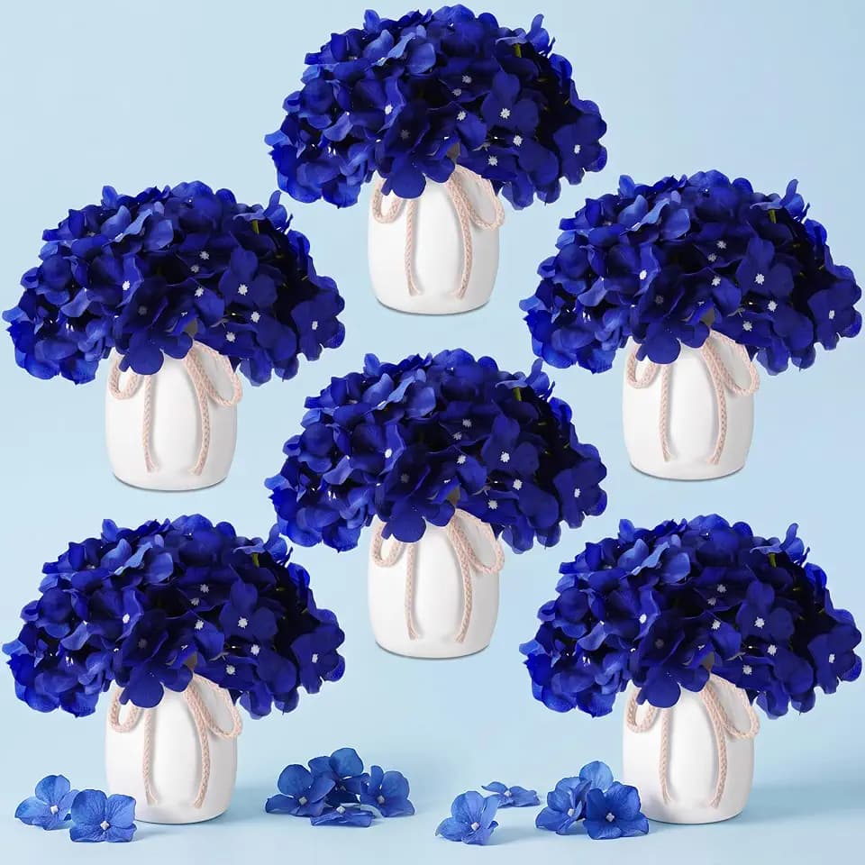 Leinuosen 6 Set Artificial Hydrangea Flowers and Plastic Vases Set Centerpieces Table Decorations Silk Fake Hydrangea Full Flowers Heads with Stems Bulk for Wedding Home Baby Shower (Royal Blue)