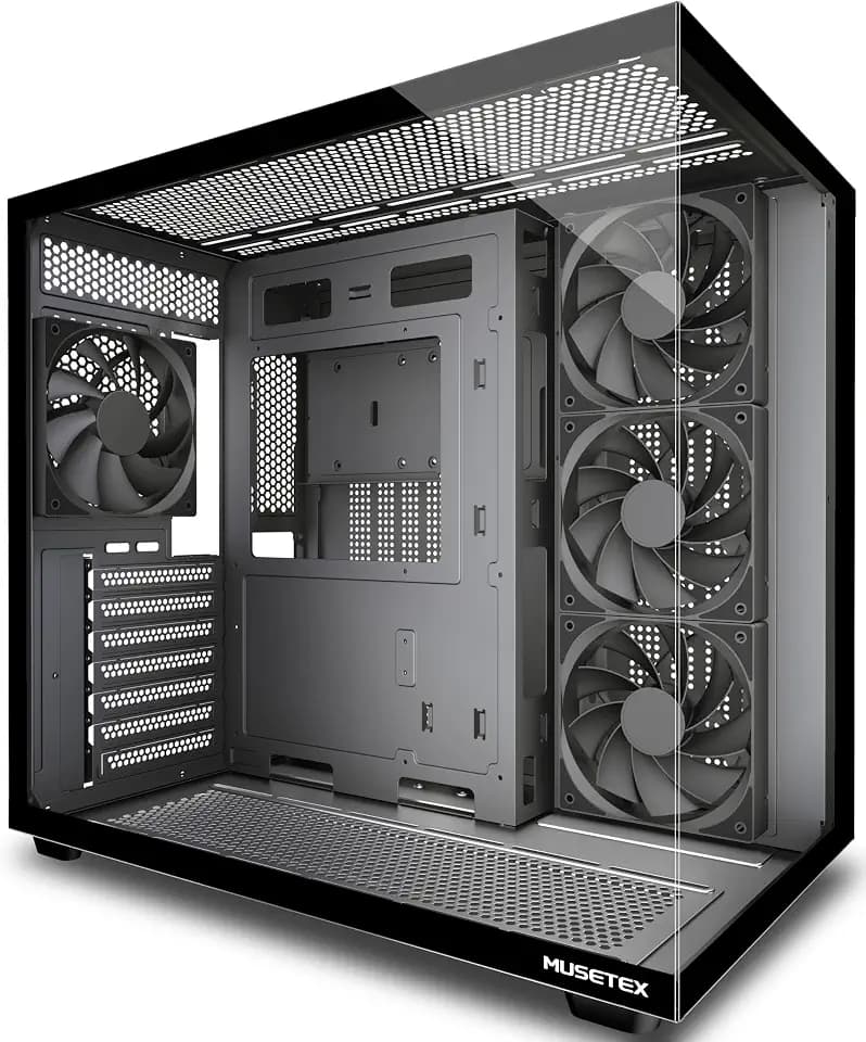 MUSETEX Y6 PC Case, Pre-Installed 4 Non-LED Fans, ATX Mid Tower Case, Computer Case with Type-C, 270° Full View Tempered Glass, Black