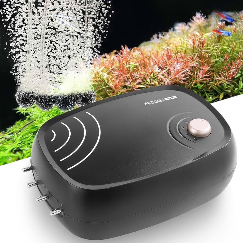 FEDOUR 10W leistungsstarke Aquarium-Luftpumpe:4-Ausgänge 1200L/H Luftpumpe für Aquarium, leise Aquarium Belüfter mit komplettem Zubehör, für Panzer/Hydroponisch/Teich Oxygenierung