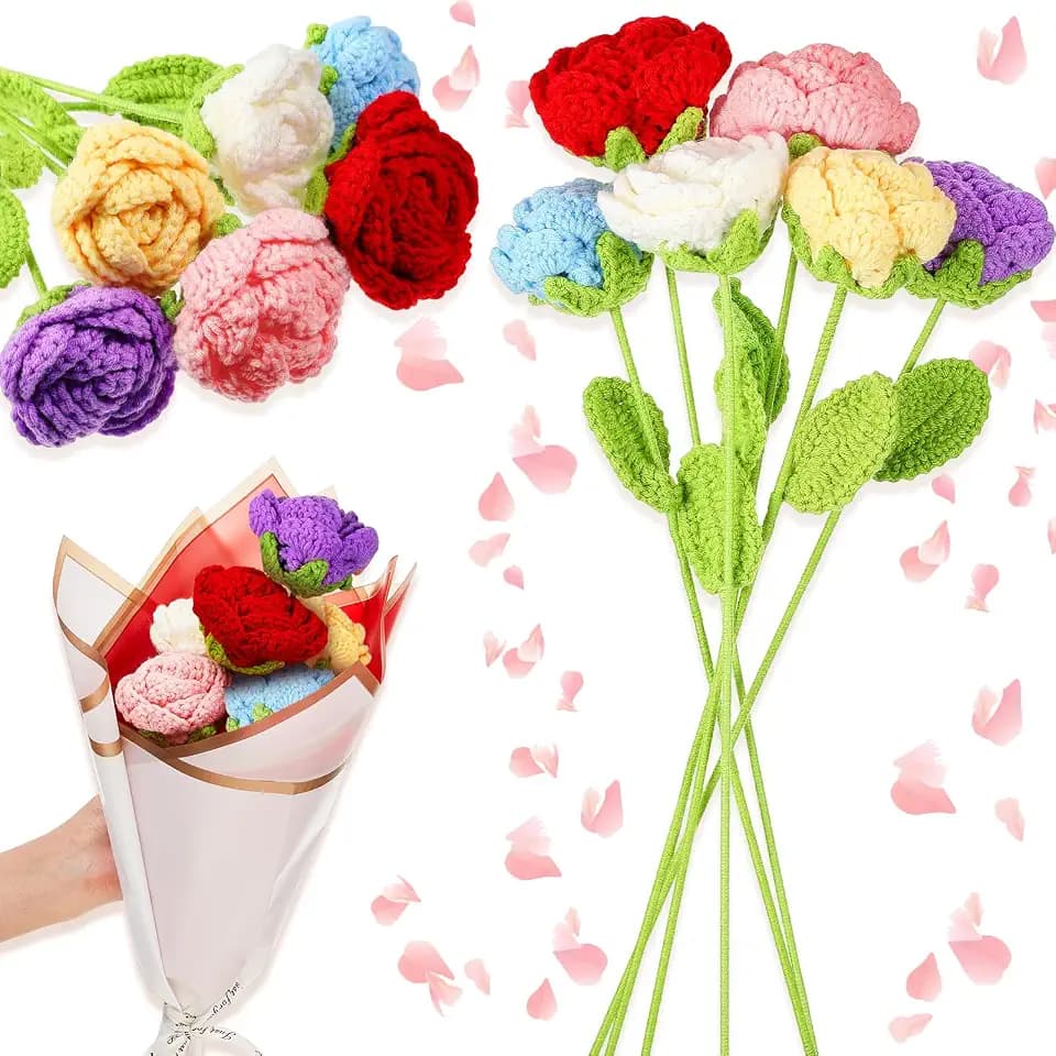 Riceshoot 12 Pcs Crochet Flower Handmade Knitted Rose Bouquet Artificial Rose Bulk Graduation Party Favor Anniversary Birthday Grad Appreciation Gift for Women Teacher (Multicolored)
