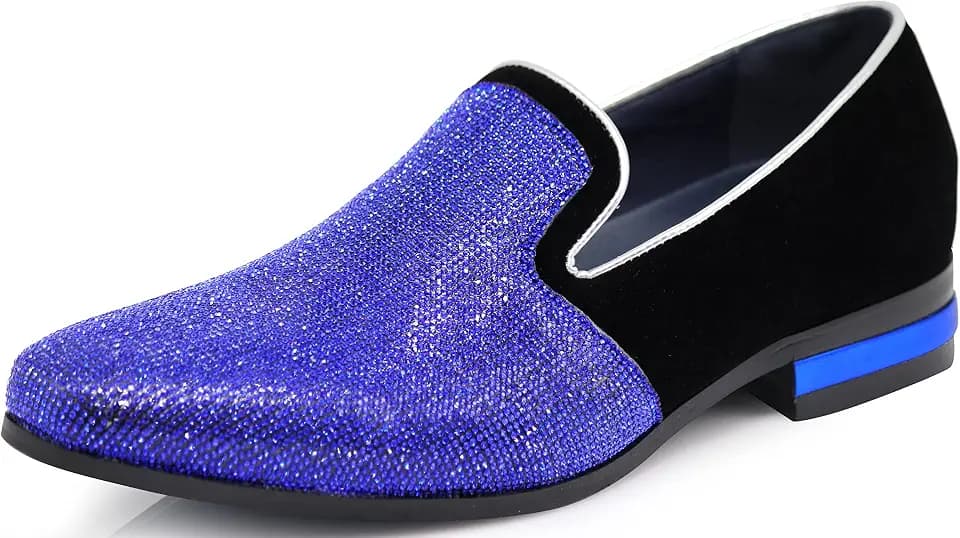 TRS Men Rhinestone Round Toe Suede Chrome Heels Dress Loafer Slip On Fashion Shoes