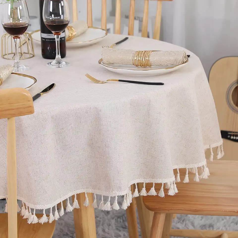 SUCHDECO Tischdecke Rund 150 cm Tischdecke Beige Leinen Baumwolle Tischdecke Runde Abwaschbar Knitterfrei Tischtuch mit Quasten für Küche, Esszimmer, Esstisch, Couchtisch, Gartentisch