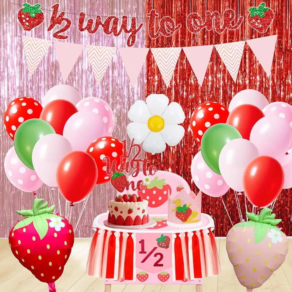 Strawberry half Birthday Decorations – 6 months birthday Party Set with 1/2 Way to One Banner, High Chair Banner, Backdrop,Cake Topper and Hat for 6 Month Baby Girl Birthday Party Photo Shoot Decor