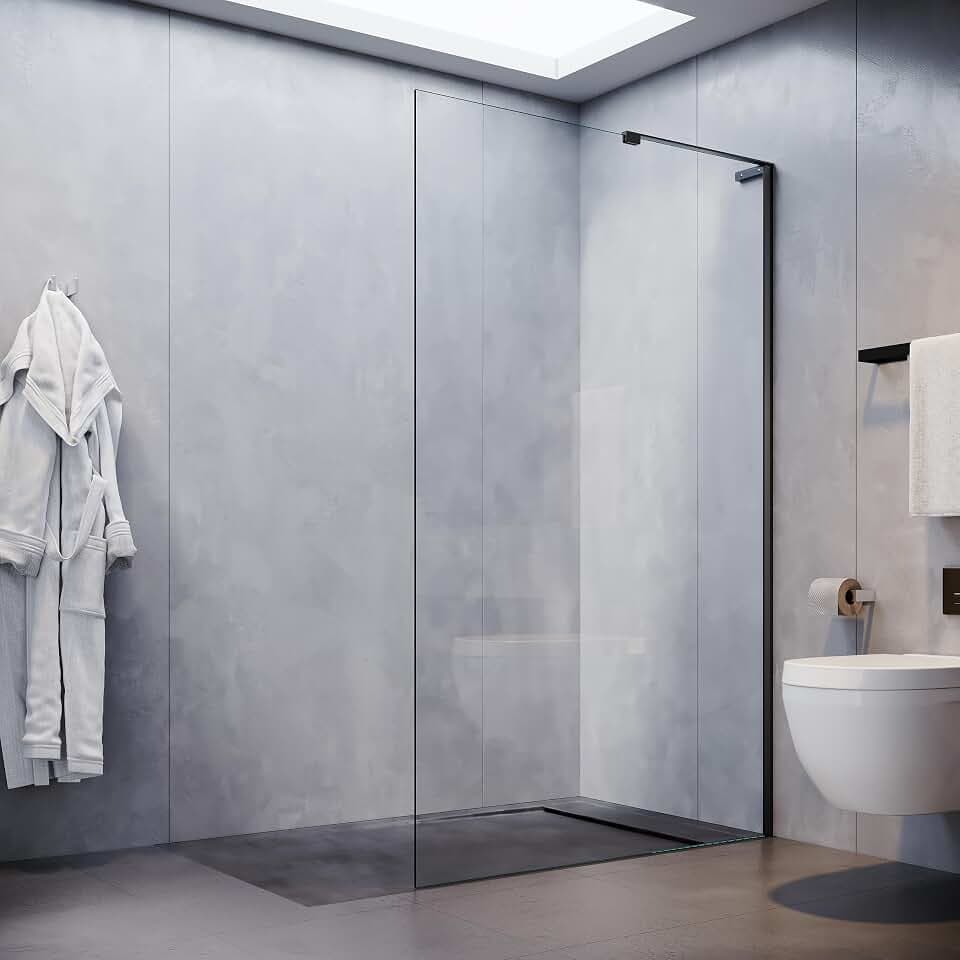 SONNI Walk-In Duschwand 90x200 cm, ESG Glas mit L-Stabilisator, Schwarz