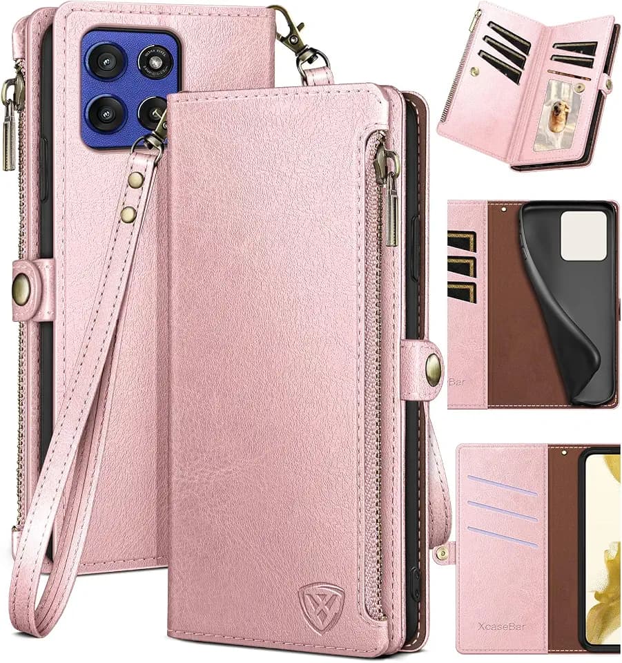 XcaseBar Compatible with Moto G Stylus 5G 2025 Wallet case with Zipper Credit Card Holder【RFID Blocking】,Flip Folio Book PU Leather Phone case Shockproof Cover Women Men for Stylus 5G 2025 Rose Gold