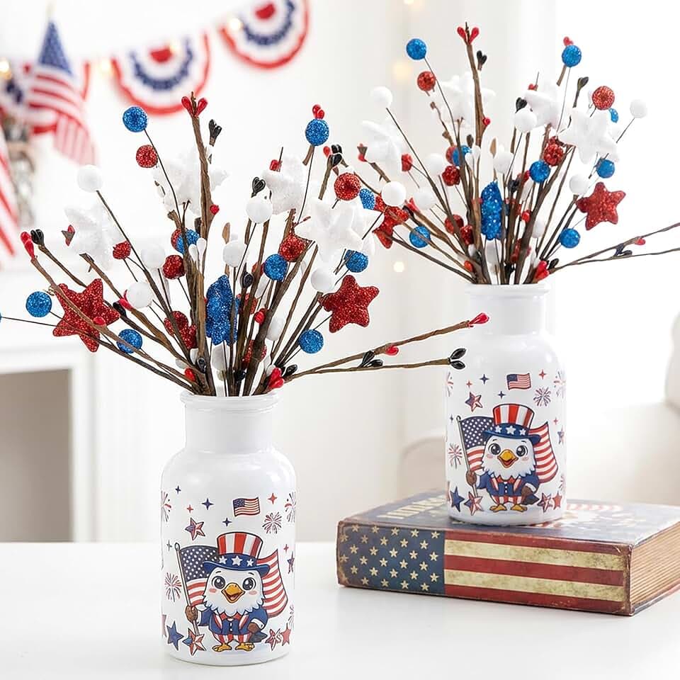 Watayo 2 Set Patriotic Artificial Flower Stems with Glass Vase, 4th of July Artificial Berry Stem Picks, Faux Red White Blue Branches Table Centerpiece for Independence Memorial Day Home Decor