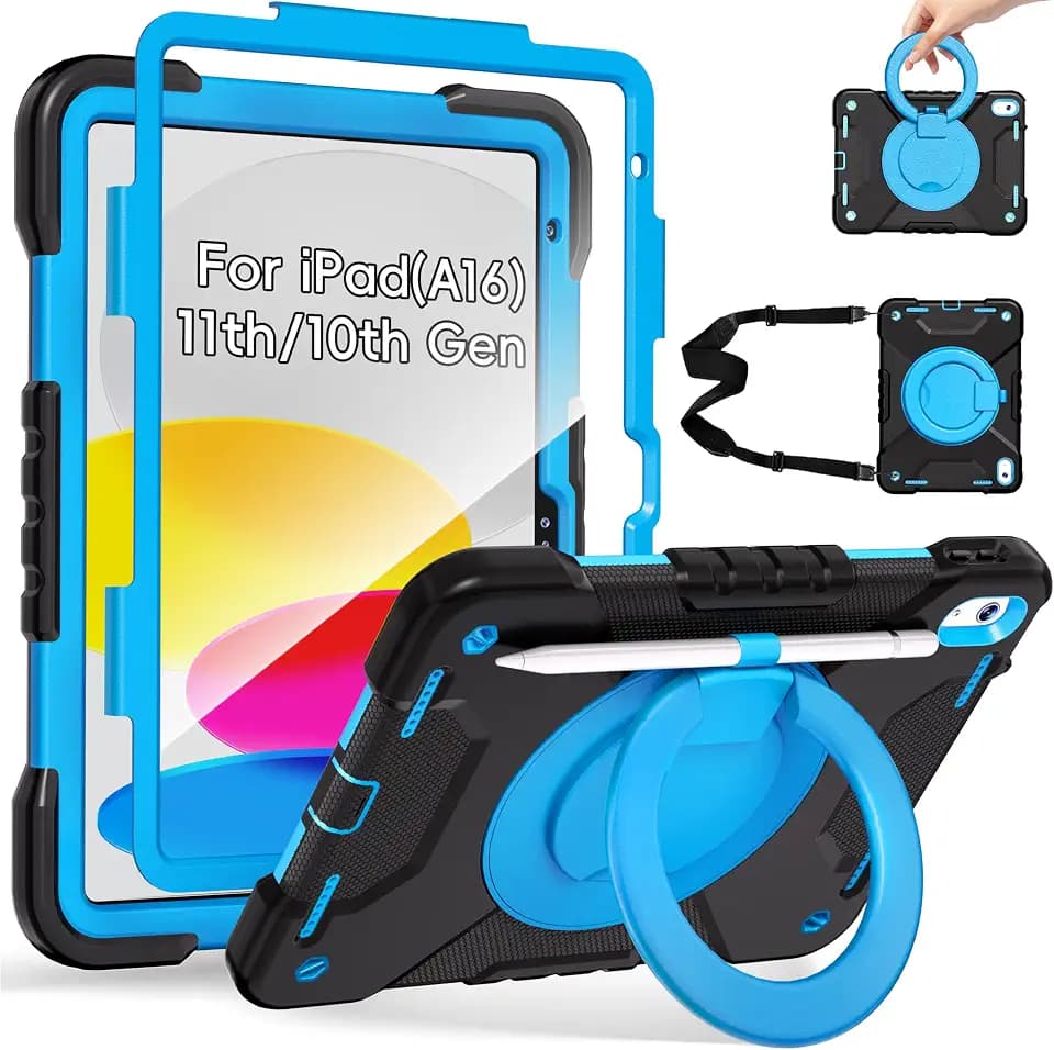 Andnary Case for iPad (A16) 11th Generation 11 inch 2025/10th Generation 10.9 inch 2022, Shockproof Cover with Screen Protector/360° Rotate Handle/Bracket/Pen Holder/Shoulder Strap (Black+Blue)