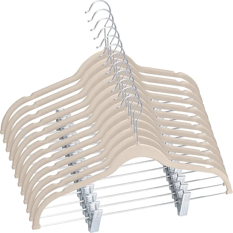 Utopia Home 12 Pack Velvet Skirt Hangers with Clips - Non Slip Velvet Clothes Hangers with Notches for Pants and Coat - Slim and Heavy Duty with 360 Degrees Swivel Hook - Ivory