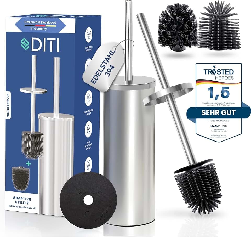 DITI Klobürste Runde Silikon Silber Matt – 304 Edelstahl Gebürstet Rostfrei WC Bürste – Toilettenbürste mit Halter & Spritzschutz Inkl Ersatzbürsten – Antibakterieller für eine Gründliche Reinigung