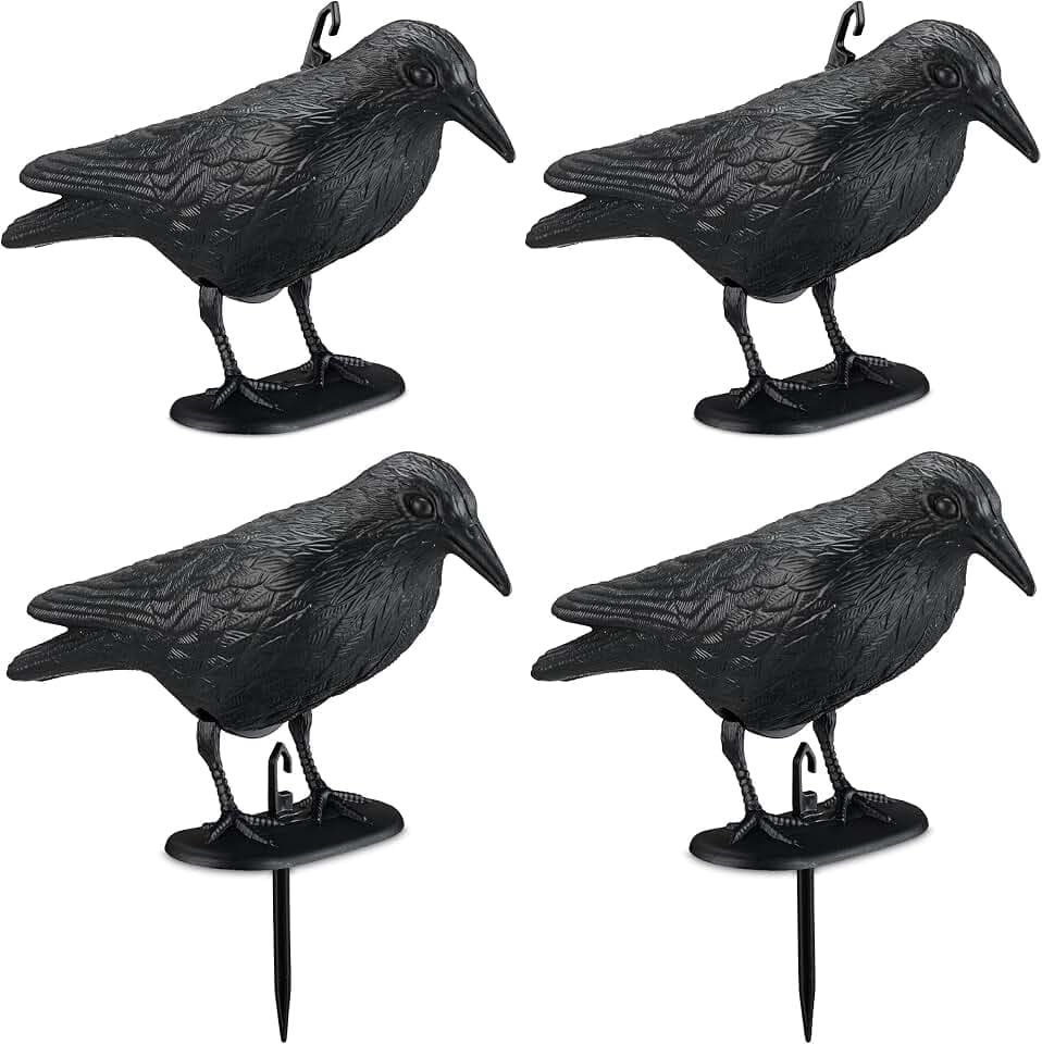 Relaxdays Vogelschreck, 4er Set, zum Hinstellen & Aufhängen, Kunststoff Krähe, zur Vogelabwehr, Garten & Balkon, schwarz