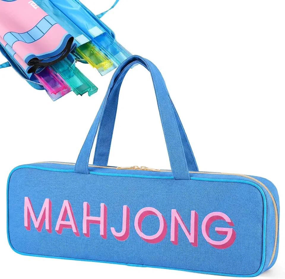 Canvas Mahjong Rack Bag for Racks and Mat Empty Mahjong Rack Storage Bag with Handle Zipper and 4 Separate Compartments for Gifts Accessories Tile Game Pushers (Blue)
