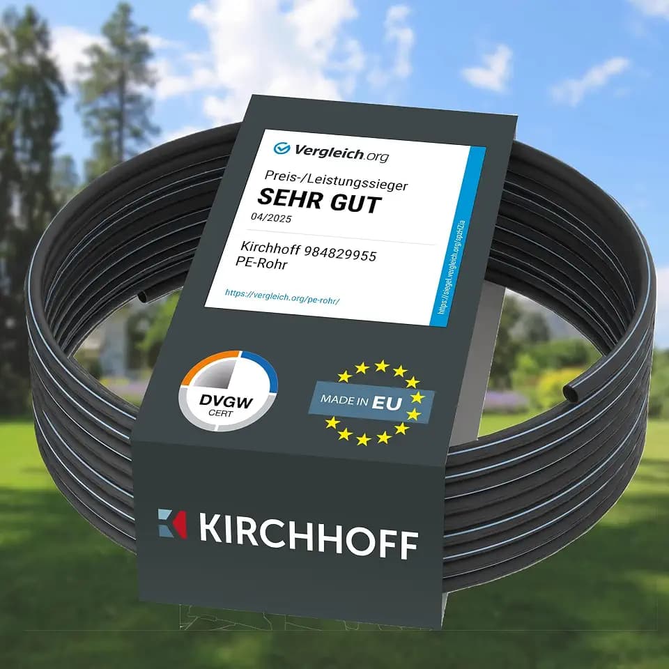 Kirchhoff Wasserleitung für Gartenbewässerung 20 mm x 50 m | PE Rohr für Sprinklersystem | Verlegerohr HDPE | DVGW | Trinkwasserleitung | Made in EU