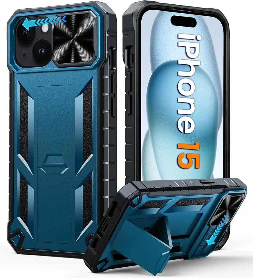 FNTCASE Handyhülle für iPhone 15 Hülle: Stoßfeste Robust Militär-Grade Fallschutz Hülle mit Ständer TPU Matte Hybrid Heavy Duty Harte Bumper rutschfest Schutzhülle Cover für iPhone 15 Blau