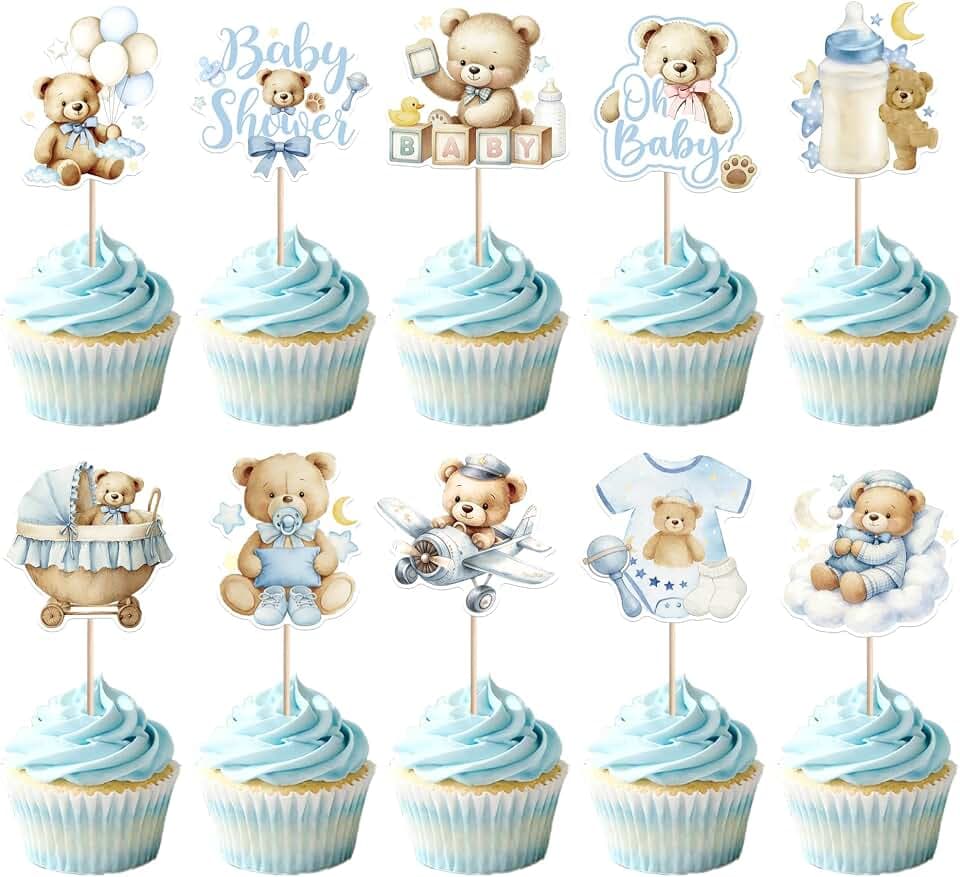 40 Pack Bear Cupcake Toppers with Moon Star Balloon Cupake Picks Baby Carriage Bottle Moon Bear Decoration for Baby Shower Birthday Party Cake Decorations Supplies Blue