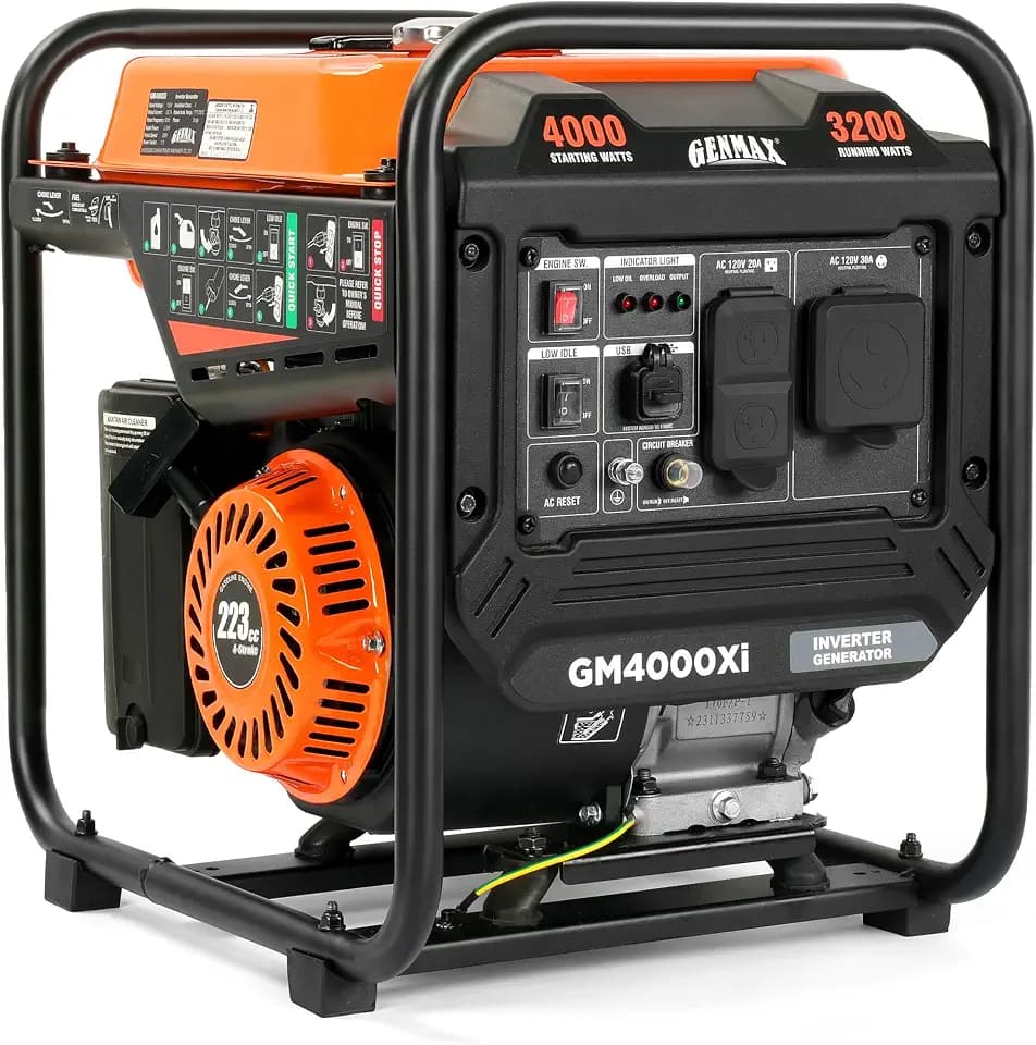 GENMAX 4000W Portable Open Frame Inverter Generator, 223cc Engine, with 30A RV Outlet, Clean Power (<5% THD) for Camping, Home & Jobsite Backup, Eco-Mode, Low Oil Shutdown, USB-C & USB-A Ports