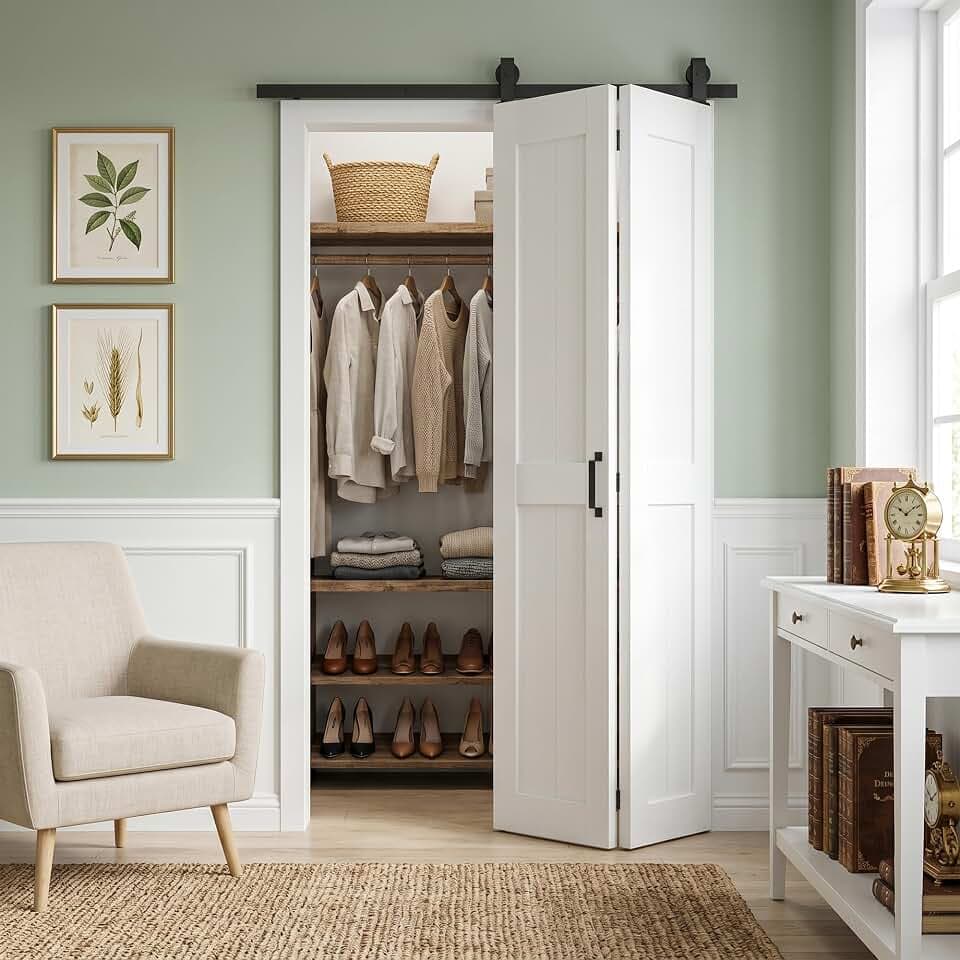 SMARTSTANDARD 24" x 84" Bifold Barn Door H-Shape, Bi-Fold Sliding Doors