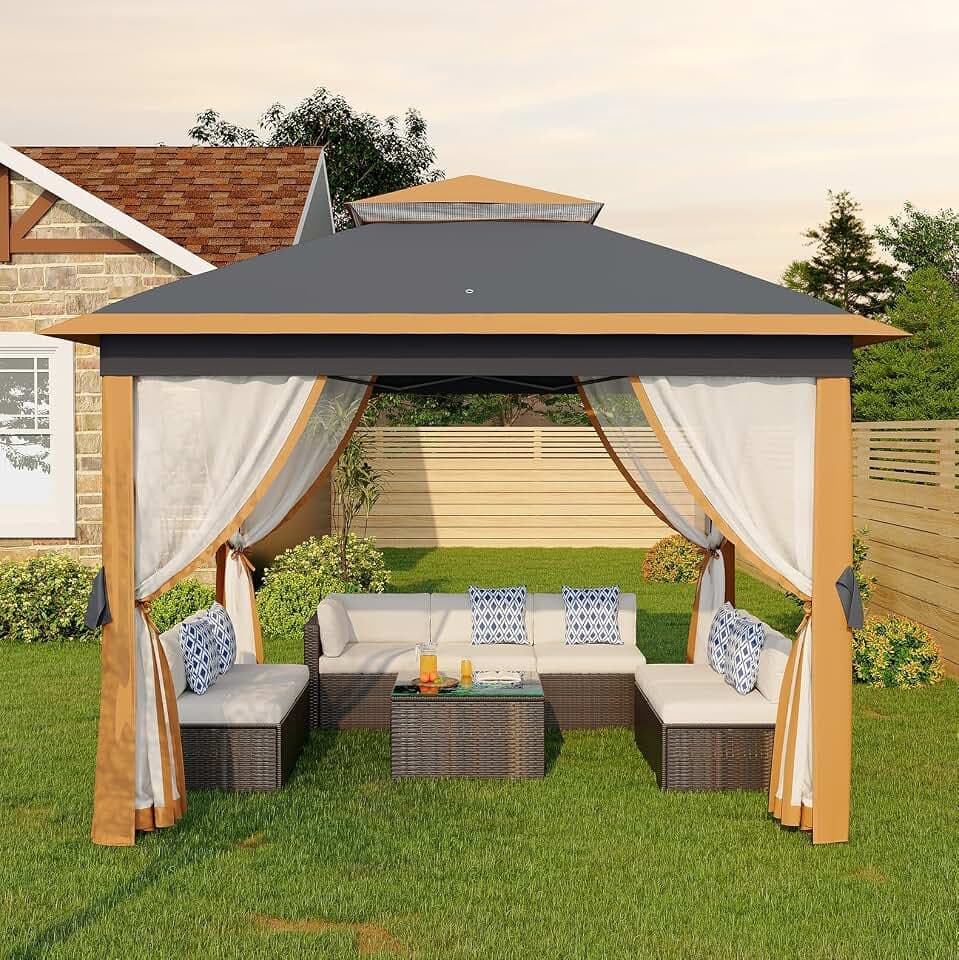 GarveeLife 11'x11 Pop-Up Gazebo, Instant Outdoor Canopy Tent with Mosquito Nettings, Durable Steel Frame, Water, and UV Proof, for Patio, Garden, Courtyard, Party (Khaki)