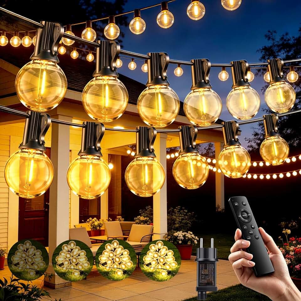 20M Lichterkette LED Glühbirnen Außen mit Fernbedienung, mit 25+2 LED G40 Glühbirnen, 3 Beleuchtungsmodi/Timer/Wetterfest/Dimmbar, Lichterkette für Gärten Party Hochzeit Hof Balkon Deko(Warmweiß)