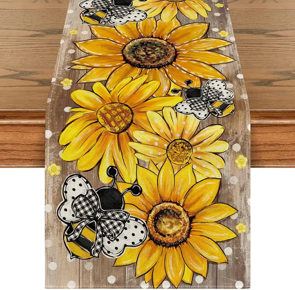 Artoid Mode Wood Sunflower Bee Flower Polka Dot Summer Table Runner, Seasonal Kitchen Dining Table Decoration for Home Party Decor 13x60 Inch