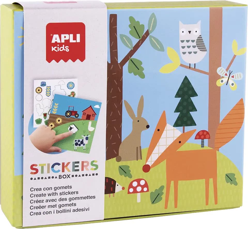 APLI Kids 18819 – Set mit Gummibändern in verschiedenen Formen im Karton, Modell Bosque – Set mit Aufklebern zur Vervollständigung der Illustrationen