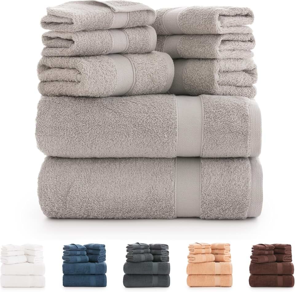 Todocama Badetücher-Set aus 100% Baumwolle (550 g/m²), extra weich, hohe Saugfähigkeit und schnell trocknend, 2 Badetücher, 2 Handtücher und 4 Gesichtstücher (hellgrau)
