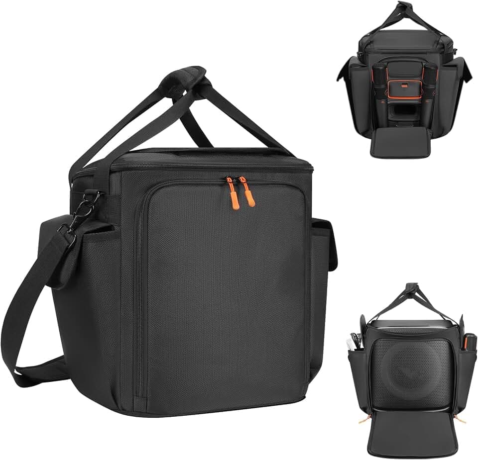 Speaker Bag Compatible with JBL Partybox Encore Essential 2/Essential, Soft Padded Carrying Case Travel Bag with Shoulder Strap & Multi-Pockets for Microphone and Accessories