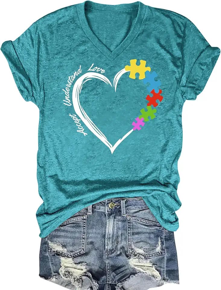 Ithalt Autism Awareness Shirt Women Autism Support Month Tee Autism Mom Tshirt Inspirational V Neck Tops