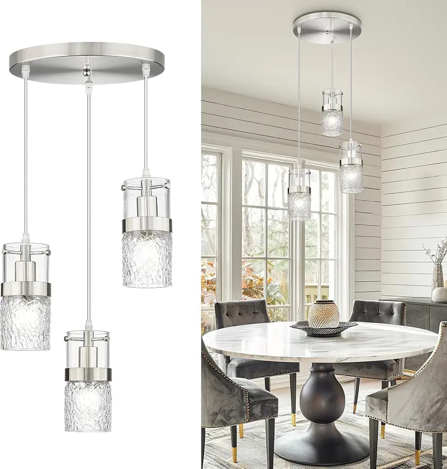 LMS 3-Light Brushed Nickel Cluster Pendant Light, Modern Dining Room Light Fixture with Hammered Glass, Hanging Chandelier Lighting for Dining Room, Kitchen Island, Bedroom, LMS-198