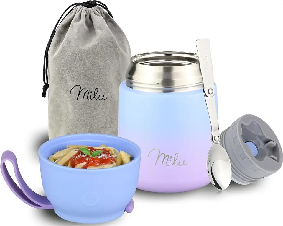 Milu® Thermobehälter für Essen 450ml, Edelstahl, Thermo Lunchbox, Suppenbehälter to go, Thermobox, Thermodose zum Warmhalten Suppen, Speisebehälter, unterwegs, Blau Violett 450ml