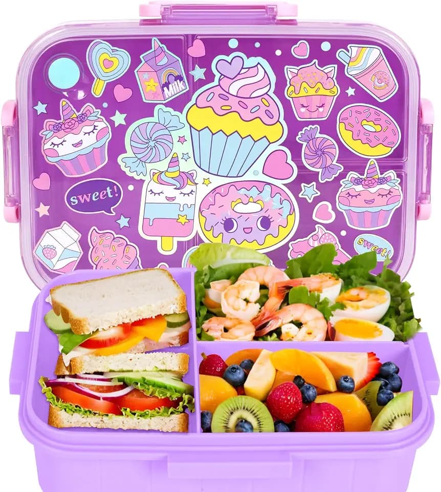 PinkSheep Bento Lunch Boxen für Kinder, 1200ml BPA-freie leckagesichere Kinder Lebensmittelbehälter mit 3 Fächern zurück zu Schulschülern Junge Mädchen (Dessert)