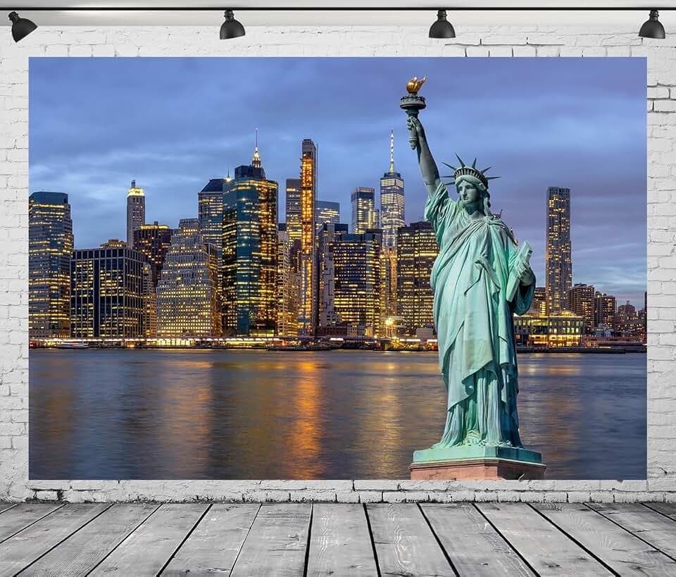 Fabric 5x3ft Statue of Liberty Backdrop Theme Photography Night USA New York City Statue Building Background for Independence Day Anniversary Kids Adults Photo Booth Banner Room Decor