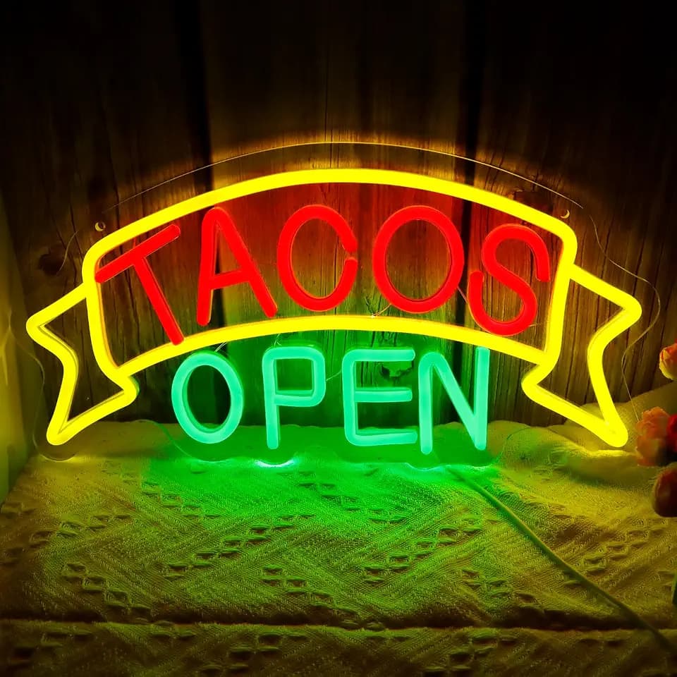 Tacos Open Neon Sign for Mexican Restaurant Wall Decor