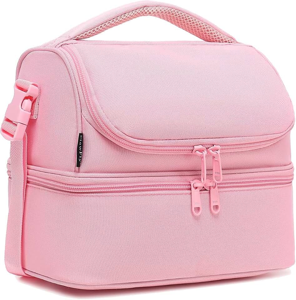 FlowFly Double Decker Cooler Insulated Lunch Bag Large Tote for Boys, Girls, Men, Women, With Adjustable Strap,Pink