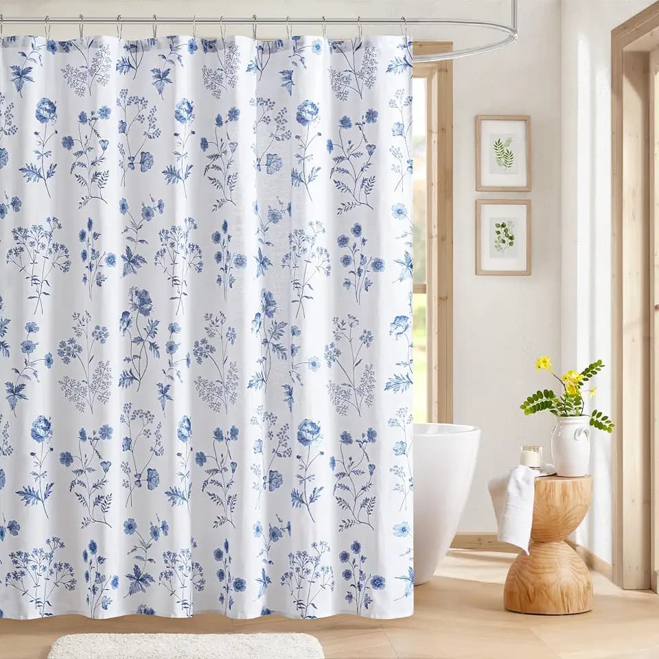 Martha Stewart 100% Cotton Floral Shower Curtain, 72 x 72, Blue