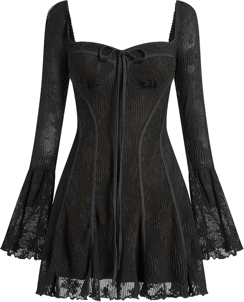 Women's Short Corset Y2k Mini Dress Long Sleeve Low Cut Lace Dress Vintage Solid Floral Party Dresses