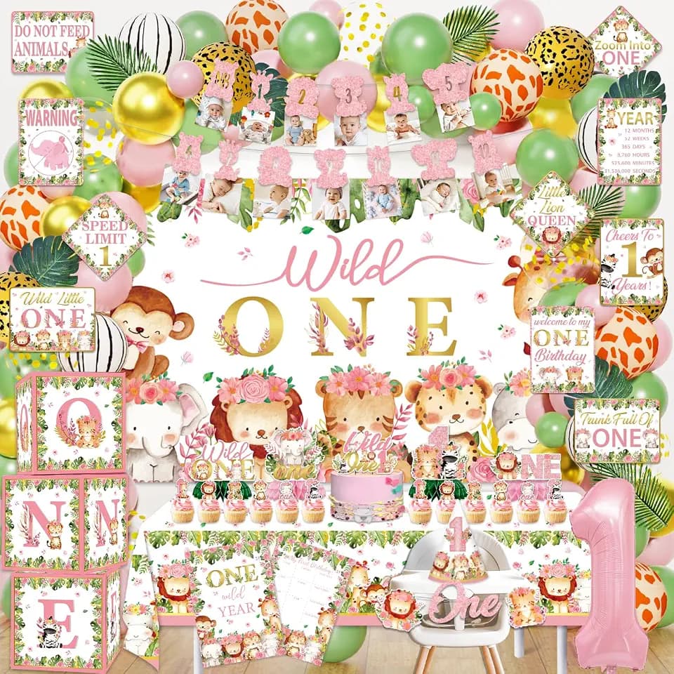 Wild One Birthday Decorations Girls, 132 Pcs Pink First Safari Jungle Theme Party Supplies for Girl Baby - Backdrop, Tablecloth, Palm Leaves, Centerpieces, Crown, Poster, Wall Signs, Blocks