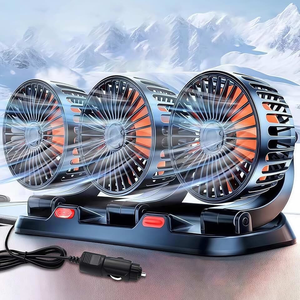 Shengruili Auto Ventilator,12-V-Autolüfter mit drei Köpfen,360° drehbarer Dreikopfventilator,Auto Kfz Lüfter,Autolüfter,Auto Ventilator für Rücksitz,RV, LKWs, SUV
