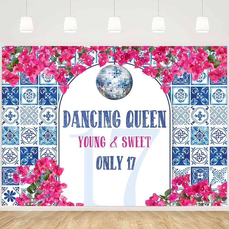 MEHOFOND 7x5ft Disco 17th Birthday Backdrop Dancing Queen Young Sweet Only 17 Photography Background Dance Theme Birthday Party Banner Blue Tiles Rose Red Floral Party Photo Props