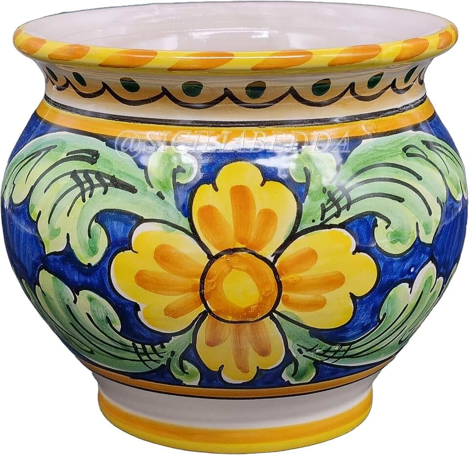 Sicilia Bedda - Vase aus sizilischer Keramik - Handwerkliches Produkt von hoher Qualität - Höhe 14 cm Durchmesser 15 cm (Blume auf Schweinchen)